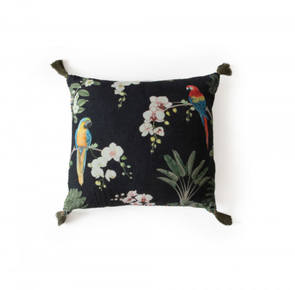 Midnight Parrots on an Orchid Tree Cushion Cover