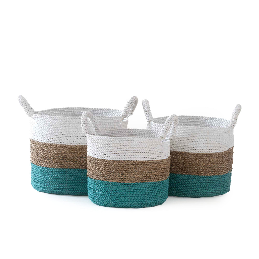 Alor Seagrass Handwoven Basket- White, Natural, Aqua