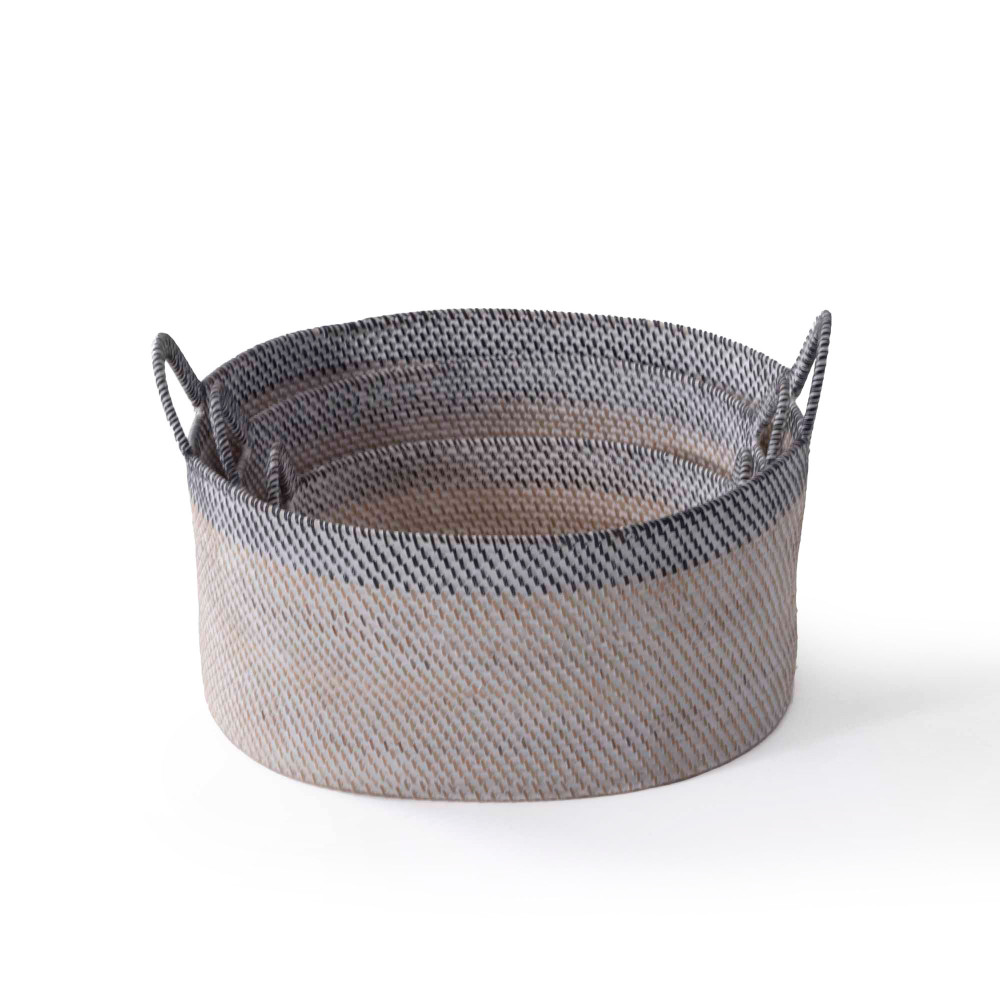 Hata Rattan Woven Baskets  With Side Swing Handles - Natural &amp; Charcoal
