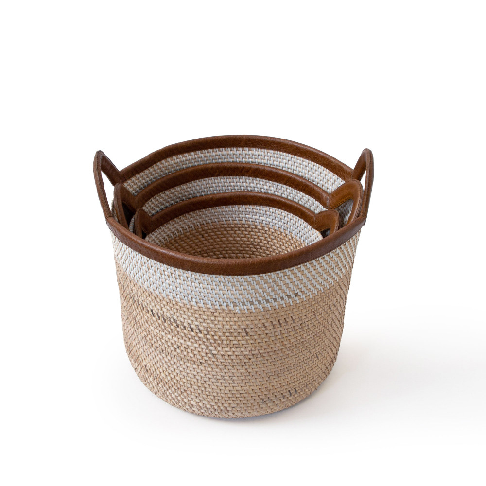 Palm Leaf Rattan Basket - Natural &amp; Ivory
