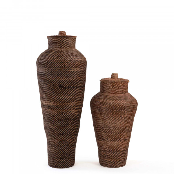 Sumba Rattan Decorative Floor Vase with Lid- Natural Brown